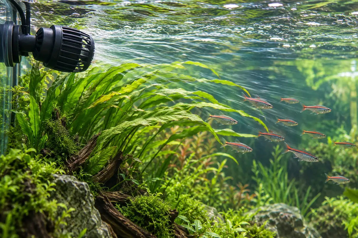 A circulation pump on the side glass near the surface of a planted freshwater tank, a school of fish in the current.