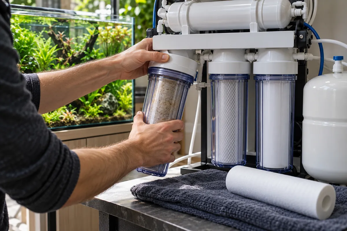 A person changing a filter cartridge of a reverse osmosis unit, a new cartridge on a towel.