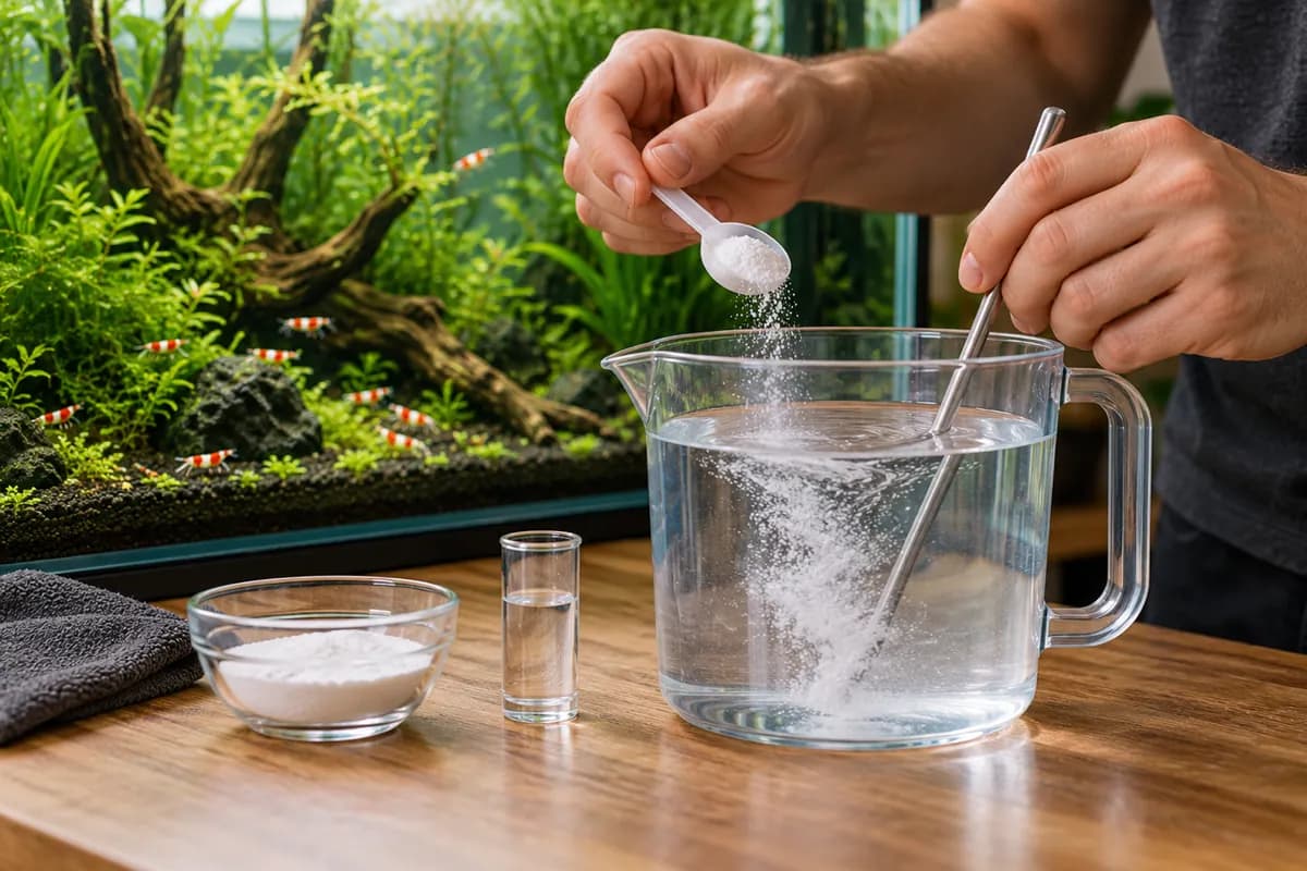 A spoon adding white mineral salt to a jug of RO water, a bowl of salt beside it.